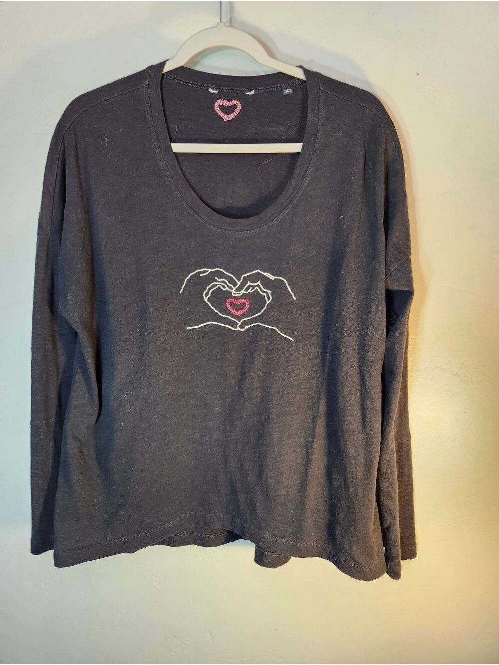 CAbi Black Top with Red Embroidered Heart & Hands Detail